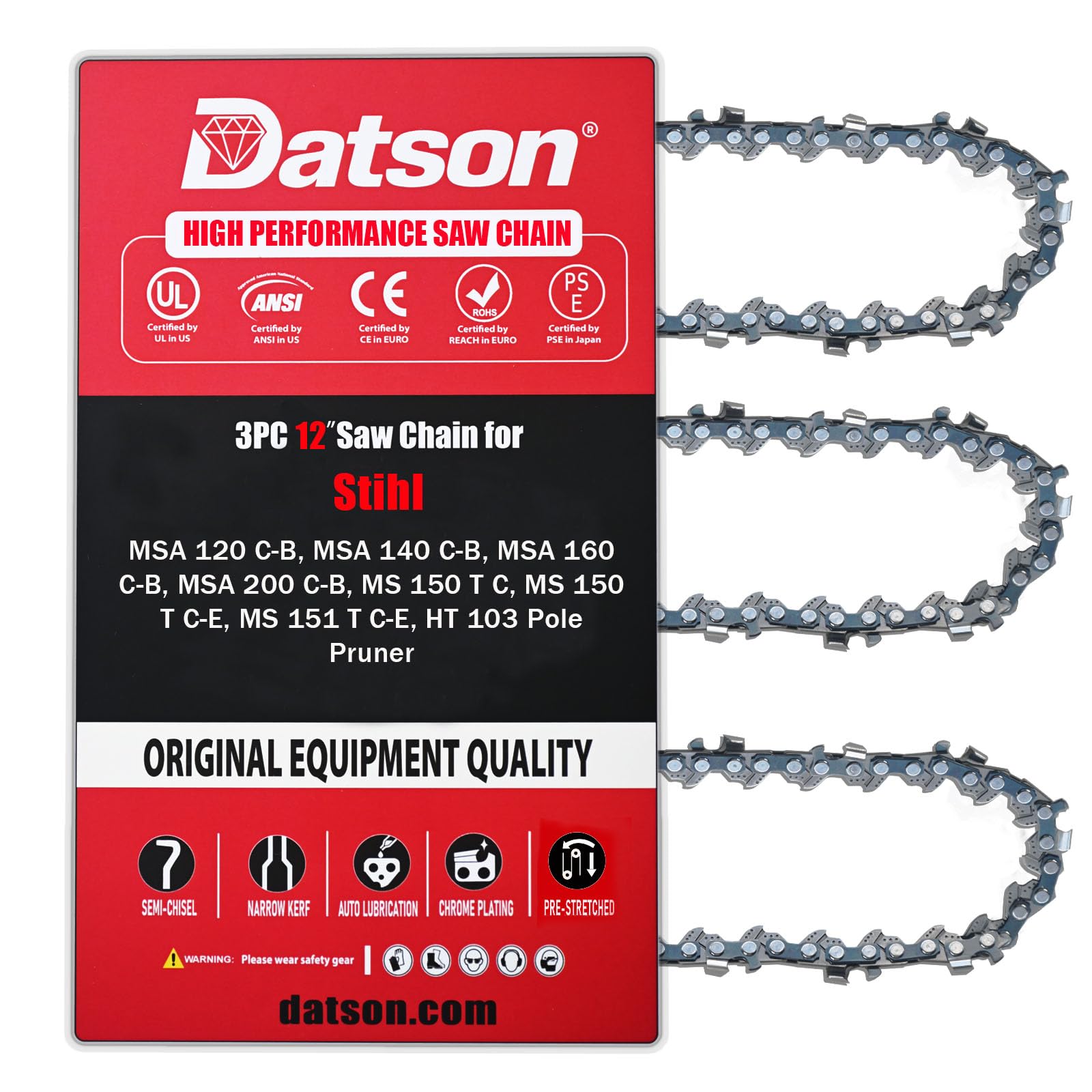 3PCS 12 Inch Chainsaw Chain .1/4" LP Pitch .043" Gauge 64 Drive Links