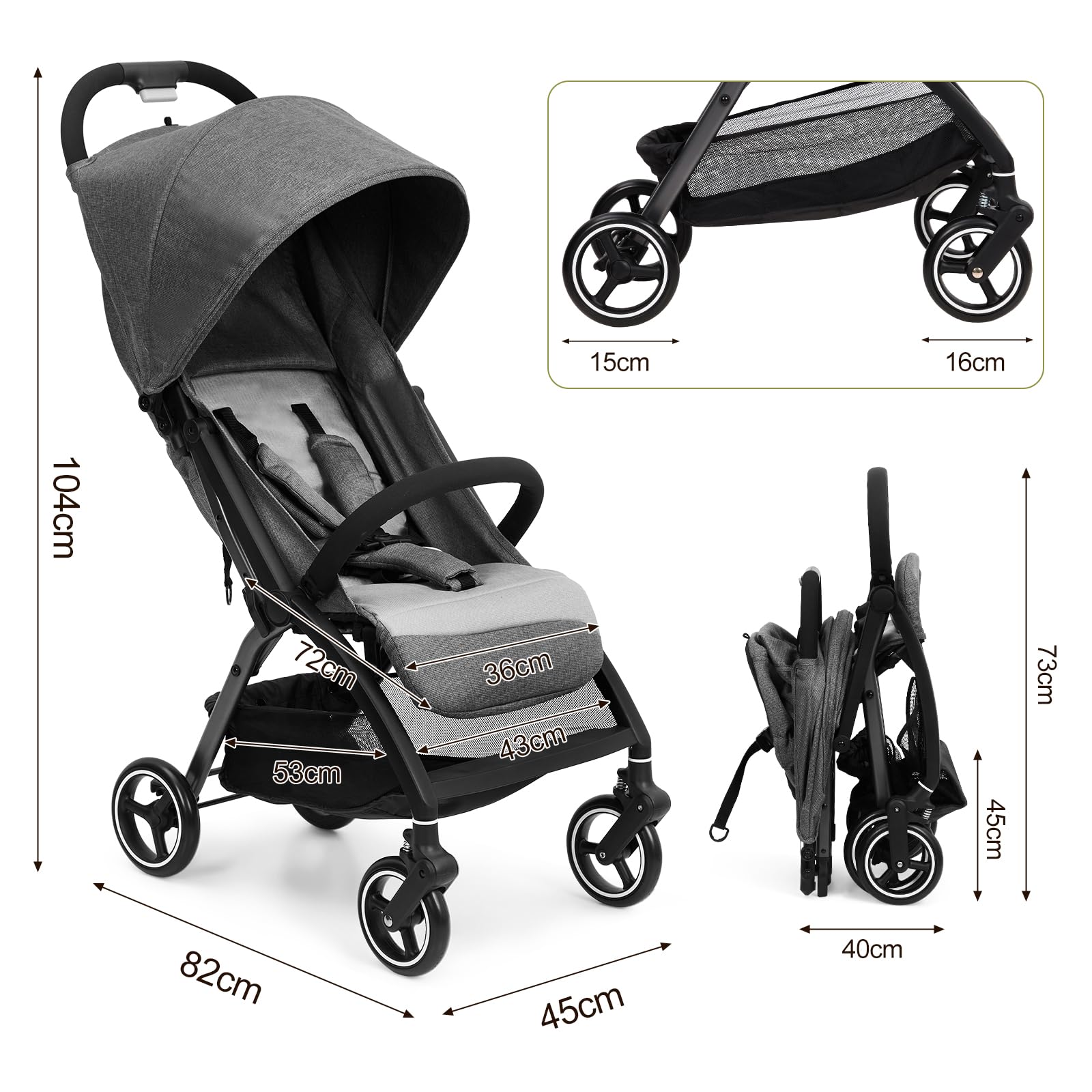 Sillas De Paseo Ultraligero, Silla Paseo Bebe Compacta Plegable Para Recién Nacidos Hasta 22 kg, Con Asiento Reversible y Ruedas De EVA，Plegable Con Una Sola Mano, Respaldo Ajustable