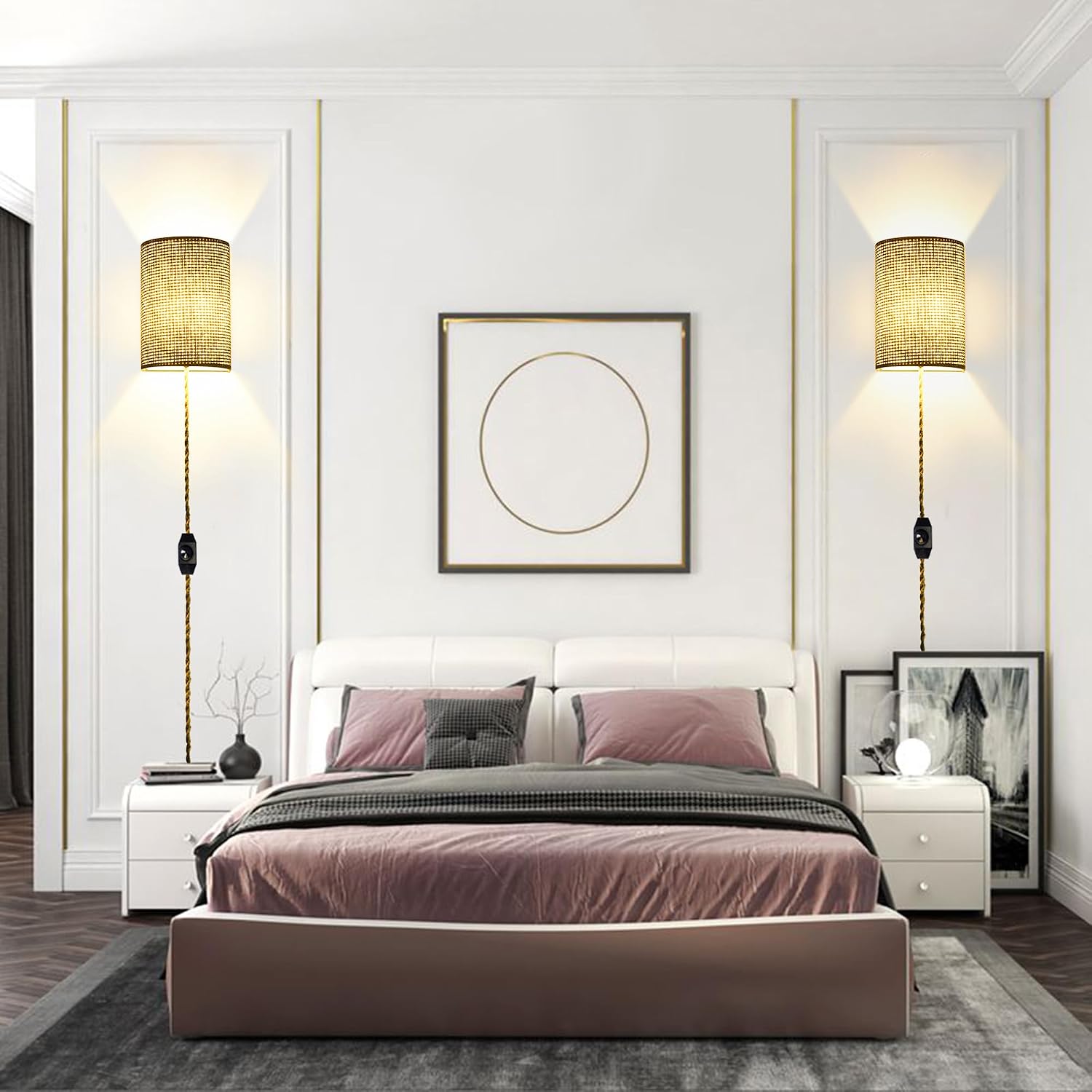 XININSUN Plug in Wall Sconce,Wall Sconces Set of Two,Wall Lamp with Plug in Cord,Wall Sconce Lighting Dimmable Switch,Rattan Wall Lights Fixtures for Headboard Bedroom Hallway.
