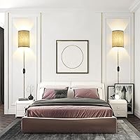 Vista 5 de Juego de dos apliques de pared, apliques de pared enchufables, pantalla de ratán, lámpara de pared con cable de enchufe e interruptor regulable