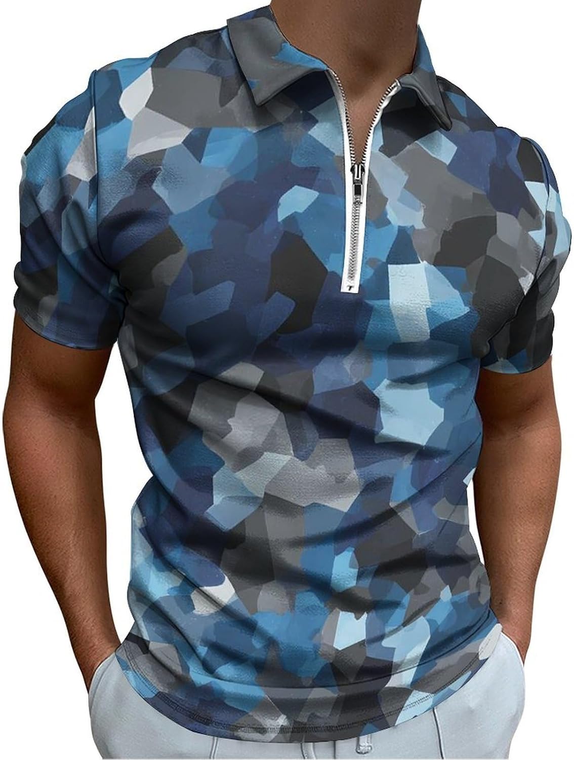 Blue Gray Camouflage Polo Shirts for Men Short Sleeve Athletic Golf Tees Tops
