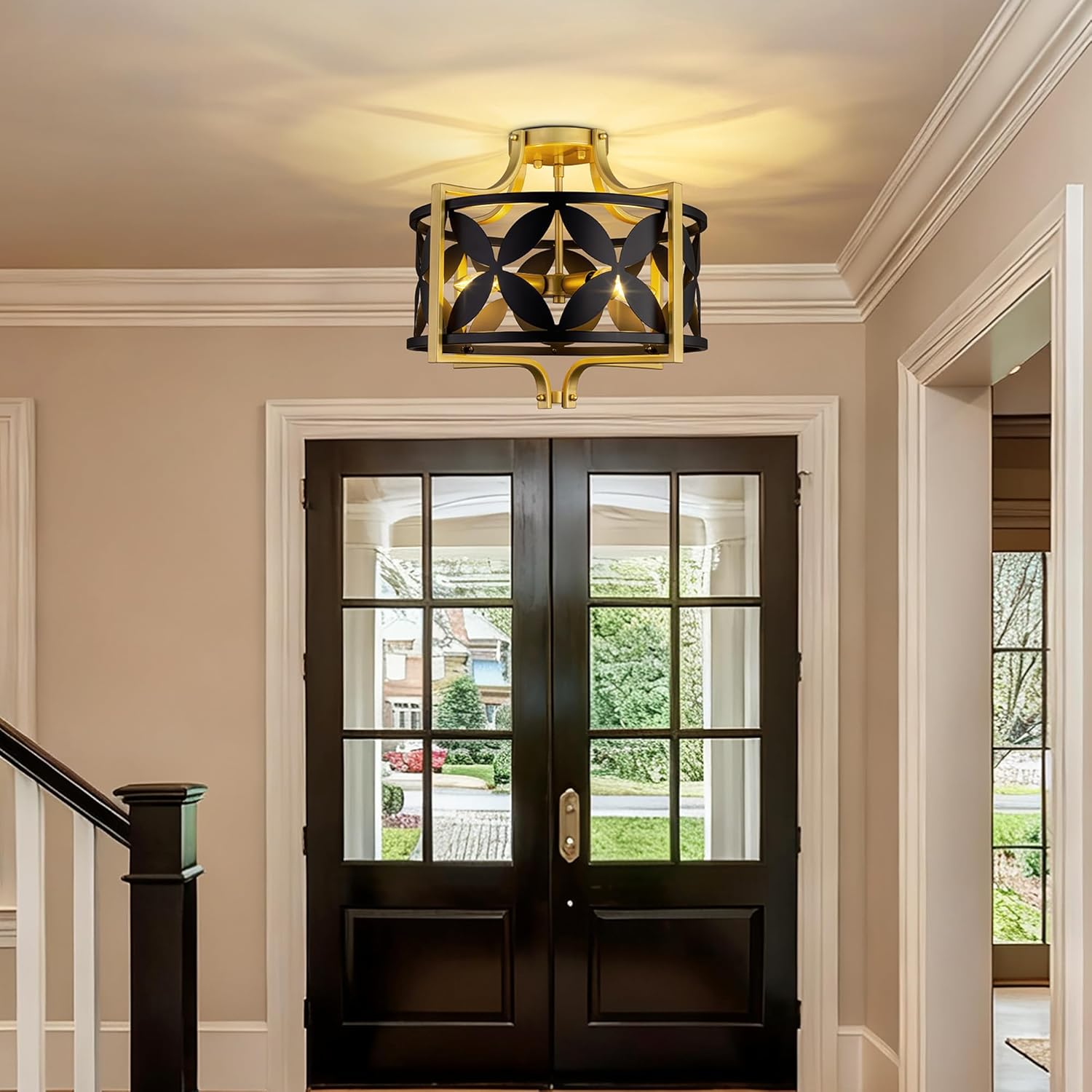 TOCHIC Modern Flush Mount Ceiling Light, 4-Light Black and Gold Farmhouse Semi Flush Mount Ceiling Light Fixture, 18" Drum Chandelier for Entryway, Hallway, Foyer, Living Room, Bedroom