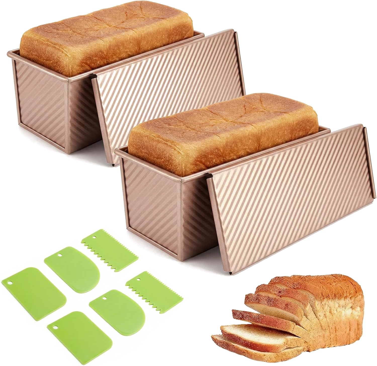 2 Pcs Pullman Loaf Pan with Lid, 2.2lb Nonstick Carbon Steel Bread Pan for Sandwich & Sourdough, Rectangular Corrugated Toast for Oven Baking, Heavy Duty, Send Goods from Local Warehouse