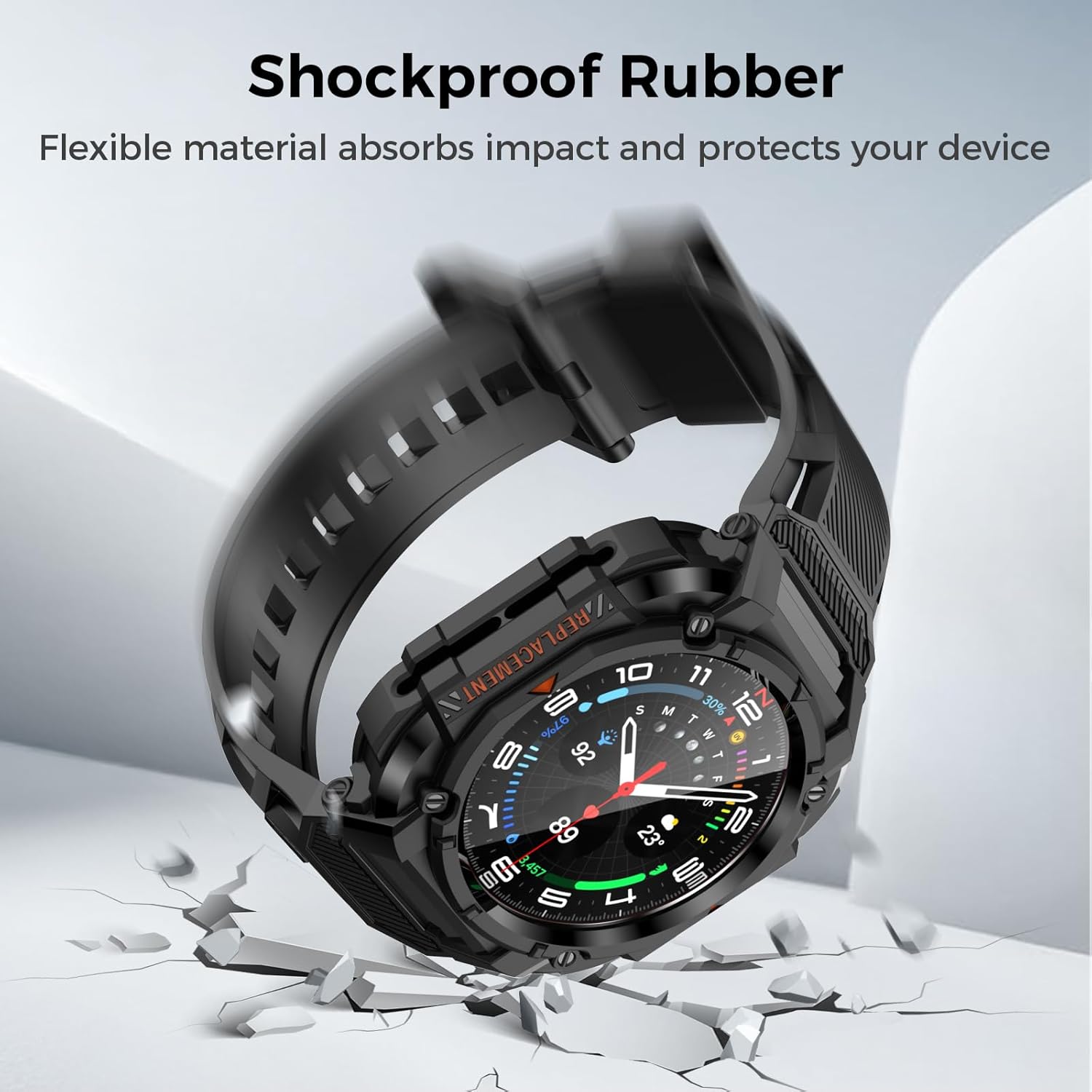 Goton Rugged Band for Samsung Galaxy Watch 8 Ultra Case with Band & Screen Protector for Galaxy Watch 8 Ultra Soft Silicone Strap with Rugged Protective Cover for Men - Black - Image 5