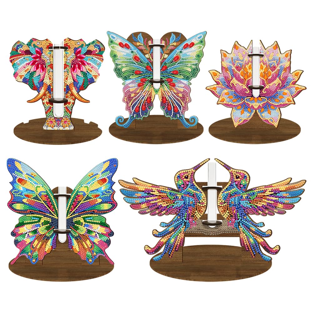 Fiorky Diamond Painting Table Ornaments, 5D DIY Wooden Hummingbird Elephant Vase Diamond Art Craft Kits Desktop Ornaments for Home Bedroom Table Decor