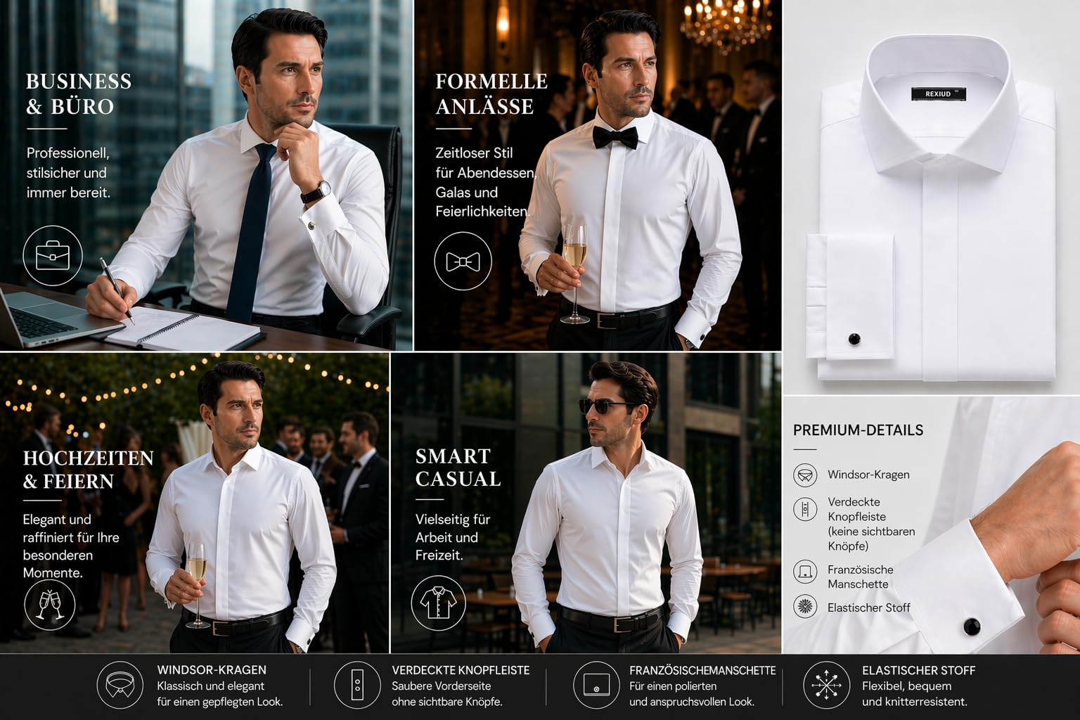 Camicia da smoking da uomo, colletto a vento, abbottonatura nascosta, polsini a risvolto, camicia elasticizzata per lavoro e matrimonio