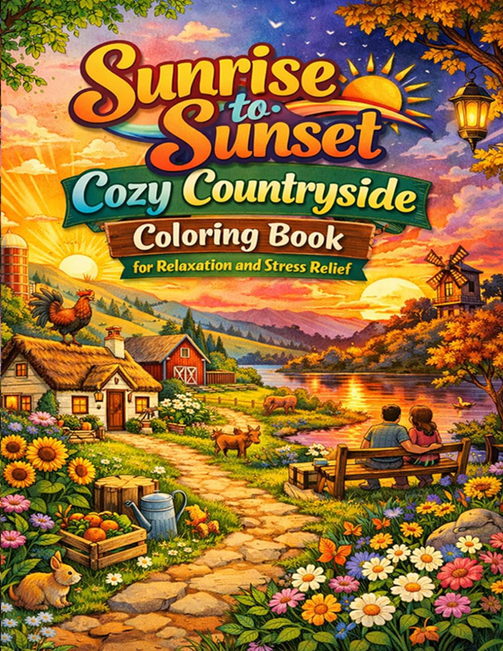 Sunrise to Sunset: Cozy Countryside Coloring Book for Relaxation and Stress Relief: Peaceful Rural Scenes Cute Farm Life and Cozy Landscapes for Adults and Teens