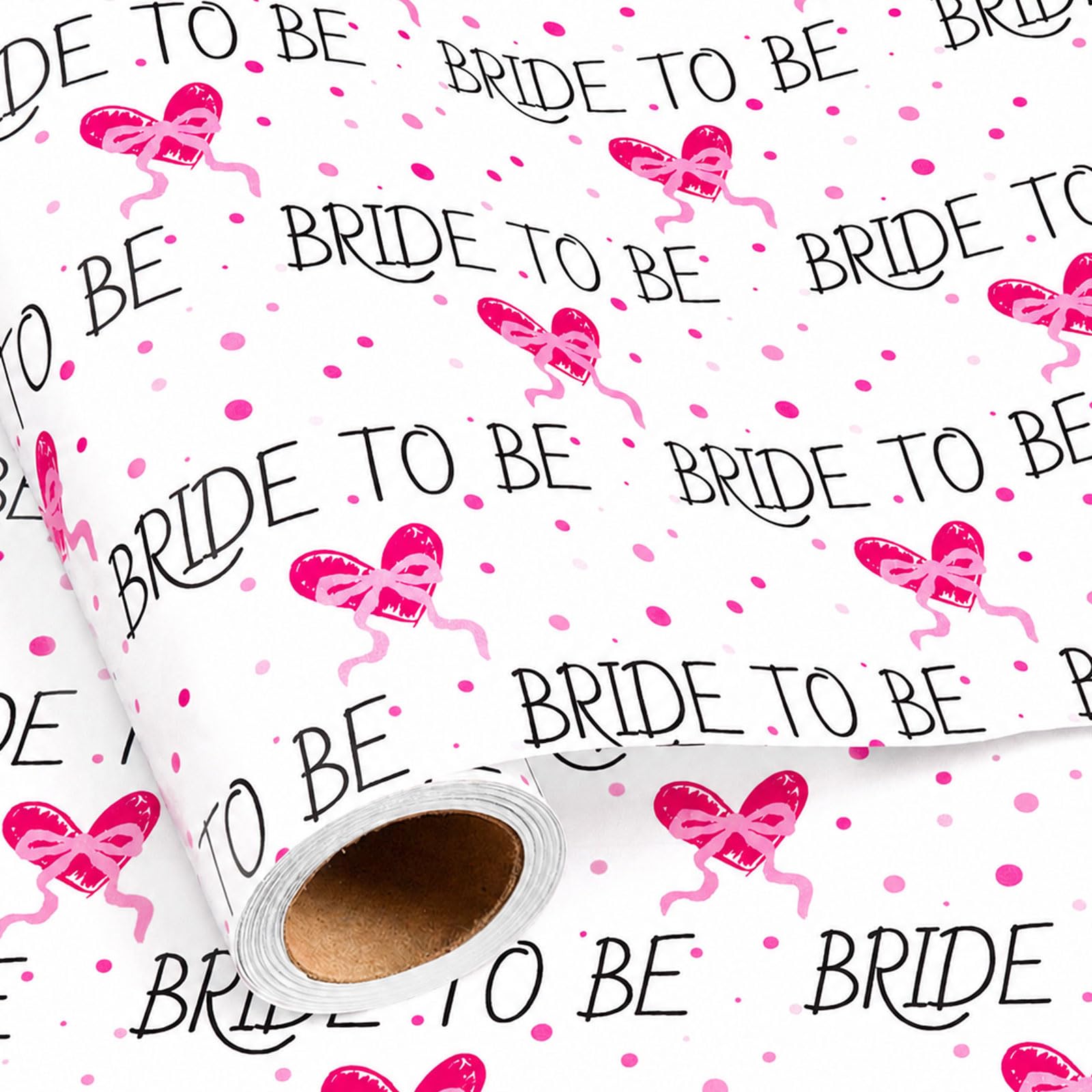 Burymento Bridal Shower Wrapping Paper Roll, Bride To Be Gift Wrap for Girls, Pink Heart, Bow and Dot Wedding Gift Wrapping Paper for Bride Engagement Bachelorette Party (Mini Roll, 17 In x 16.4 Ft)