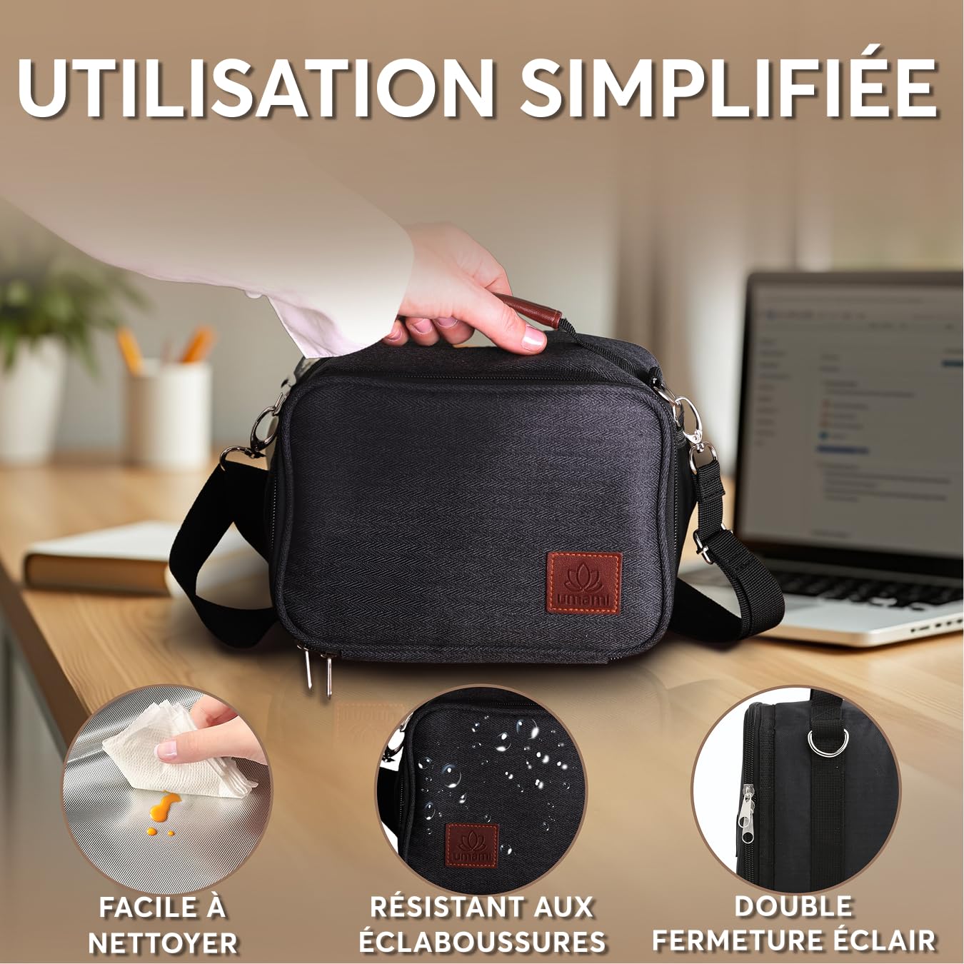 Umami Sac Isotherme Repas Femme/Homme 4L, L'élégance et la fraîcheur au Quotidien avec Notre Lunch Box Isotherme, idéale pour Le Bureau, sur Le Pouce, Petite Glacière Souple, Noir Uni