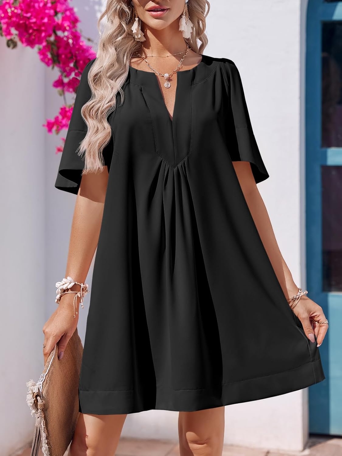 Wenrine Womens Flutter Short Sleeve Mini Dress Casual V Neck Loose Flowy Summer Dresses - Image 2