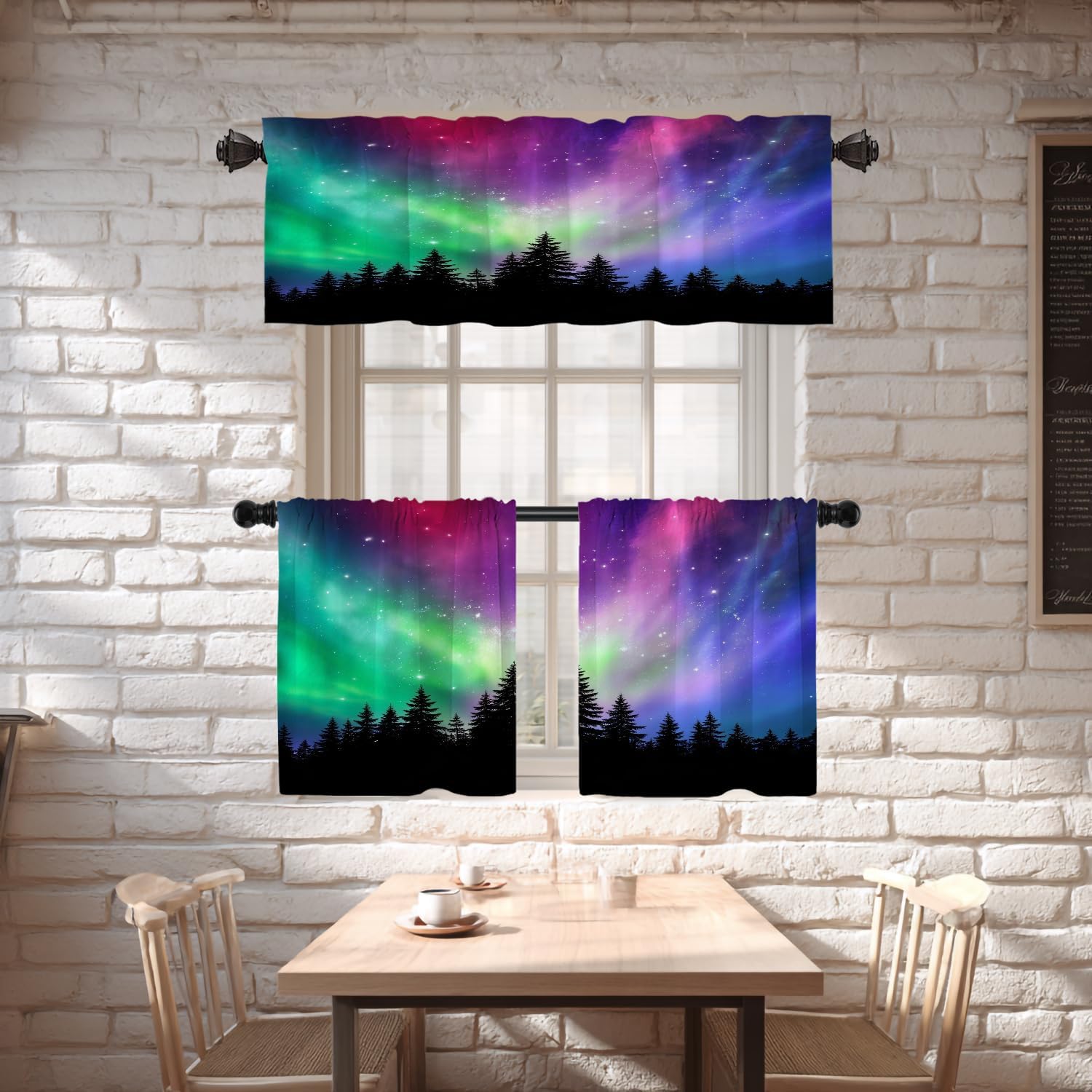 Shrahala Colorful Natural Northern Lights Kitchen Valances, Purple Phenomenon Forest Half Window Curtain Window Treatment Multilayer Polyester Blackout for Living Room Bathroom 52 x 18 in