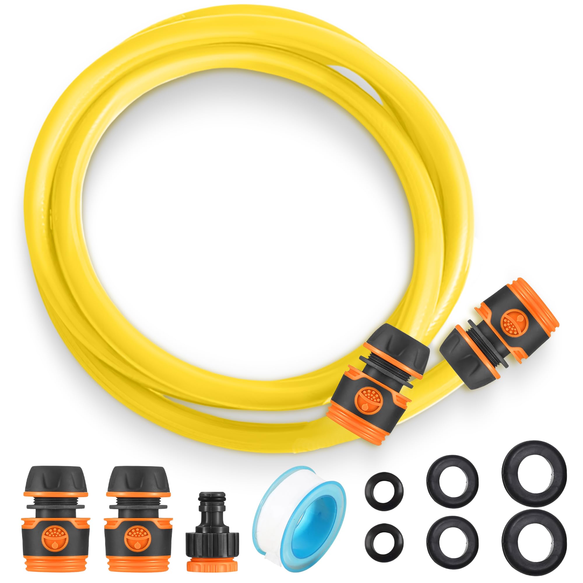 11pc Short Hose Pipe Connector Set with PTFE Plumbers Tape - Garden Hose Connector Set with Short Pipe Hosepipe Fittings Washers and Anti Leak Tape for Connecting Outside Tap to Hosepipe Reel (1.5m)