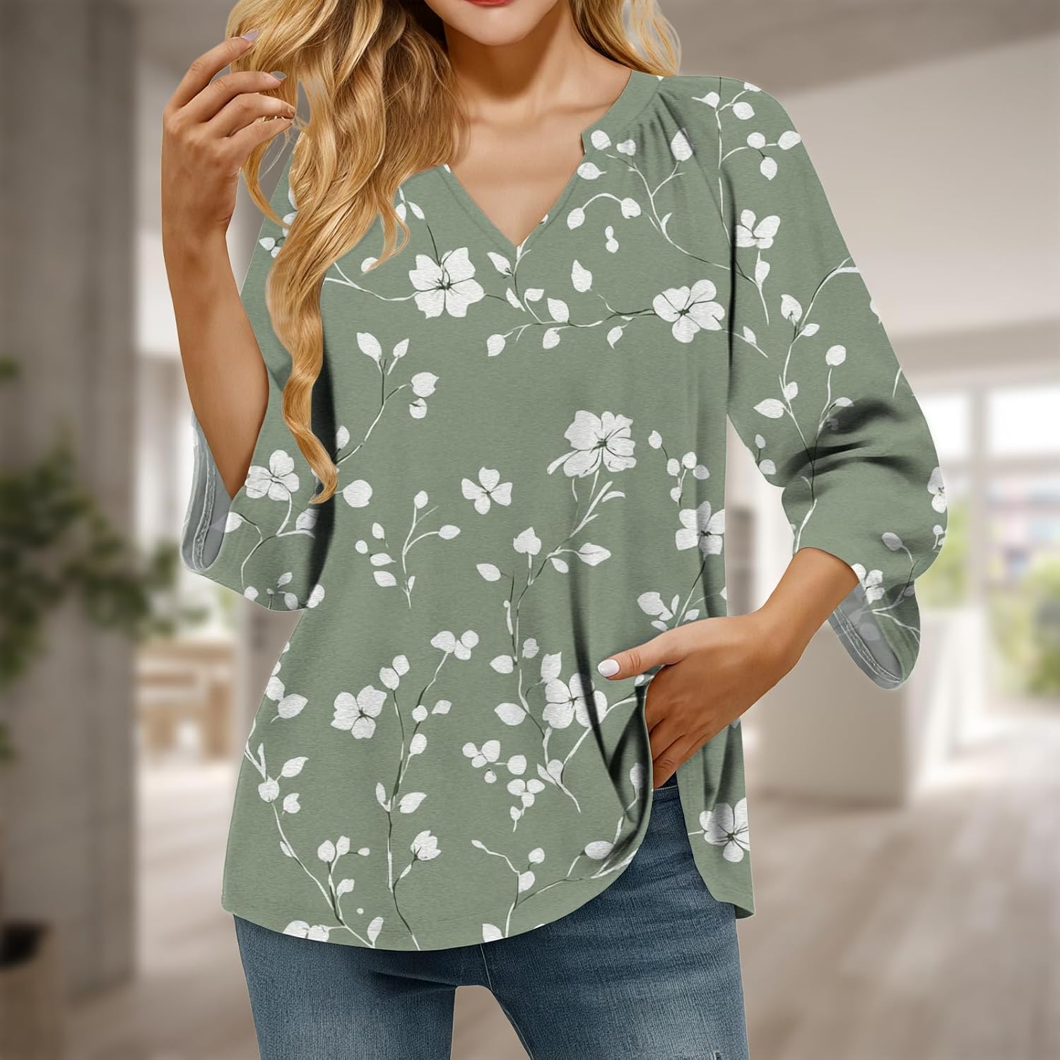 Women Tee Shirts Breathable Three-Quarter Sleeves V Neck Casual Blouses Boho Green Summer Plus Size Stylish Western Tee Soft and Comfy Fashion Trendy Outfits,XL - Image 2