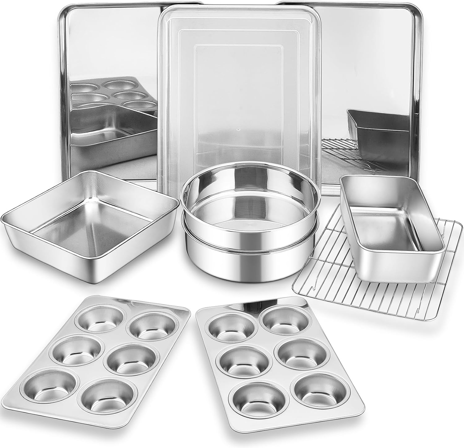 Bakeware Sets of 11, P&P CHEF Stainless Steel Baking Pans Set, Includes Baking Sheets and Rack, Lasagna Pan with Lid, Round/Square Cake Pan, Muffin Pans, Loaf Pan, Reusable & Durable Bakeware Sets of 11, P&P CHEF Stainless Steel Baking Pans Set, Includes Baking Sheets and Rack, Lasagna Pan with Lid, Round/Square Cake Pan, Muffin Pans, Loaf Pan, Reusable & Durable