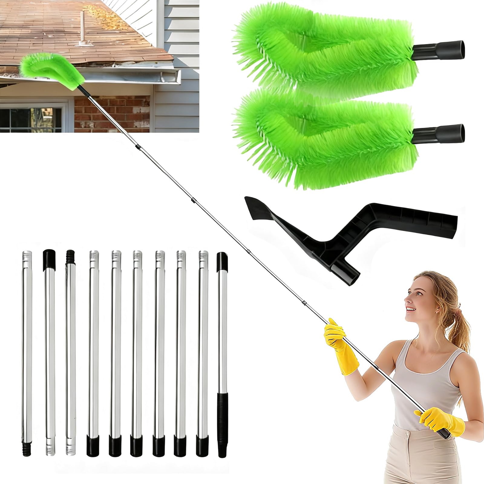 Nettoyeur de gouttières 400 cm - Brosse et cuillère de nettoyage 2 en 1 - Nettoyeur de gouttières avec manche télescopique pour nettoyer les feuilles, les fenêtres, les lustres