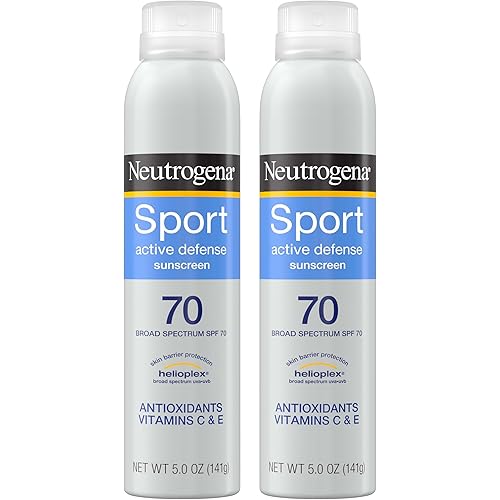 Neutrogena Sport Active Defense SPF 70 Sunscreen Spray, Sweat & Water Resistant Spray Sunscreen with Broad Spectrum Protection for Sunburn Prevention, Oxybenzone-Free, Twin Pack, 2 x 5 oz