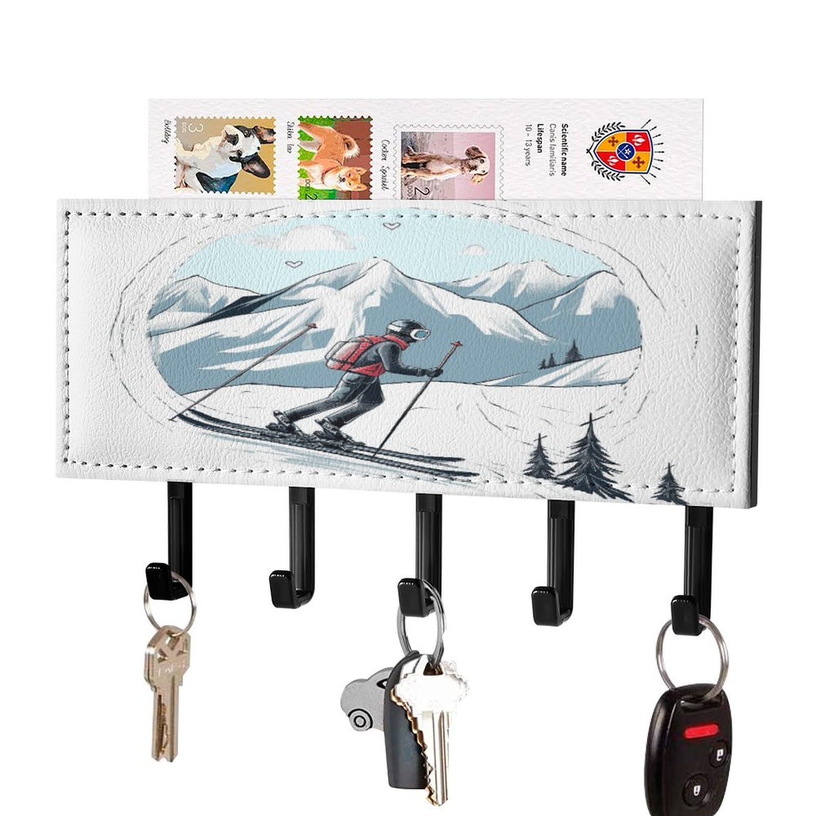 FekiLoot Skiing Theme Key Holder for Wall Decorative Mail Organizer with 5 Key Hook Self Adhesive Key Rack with Tray Coat Rack Wall Mount Key Hanger Decor for Entryway Door
