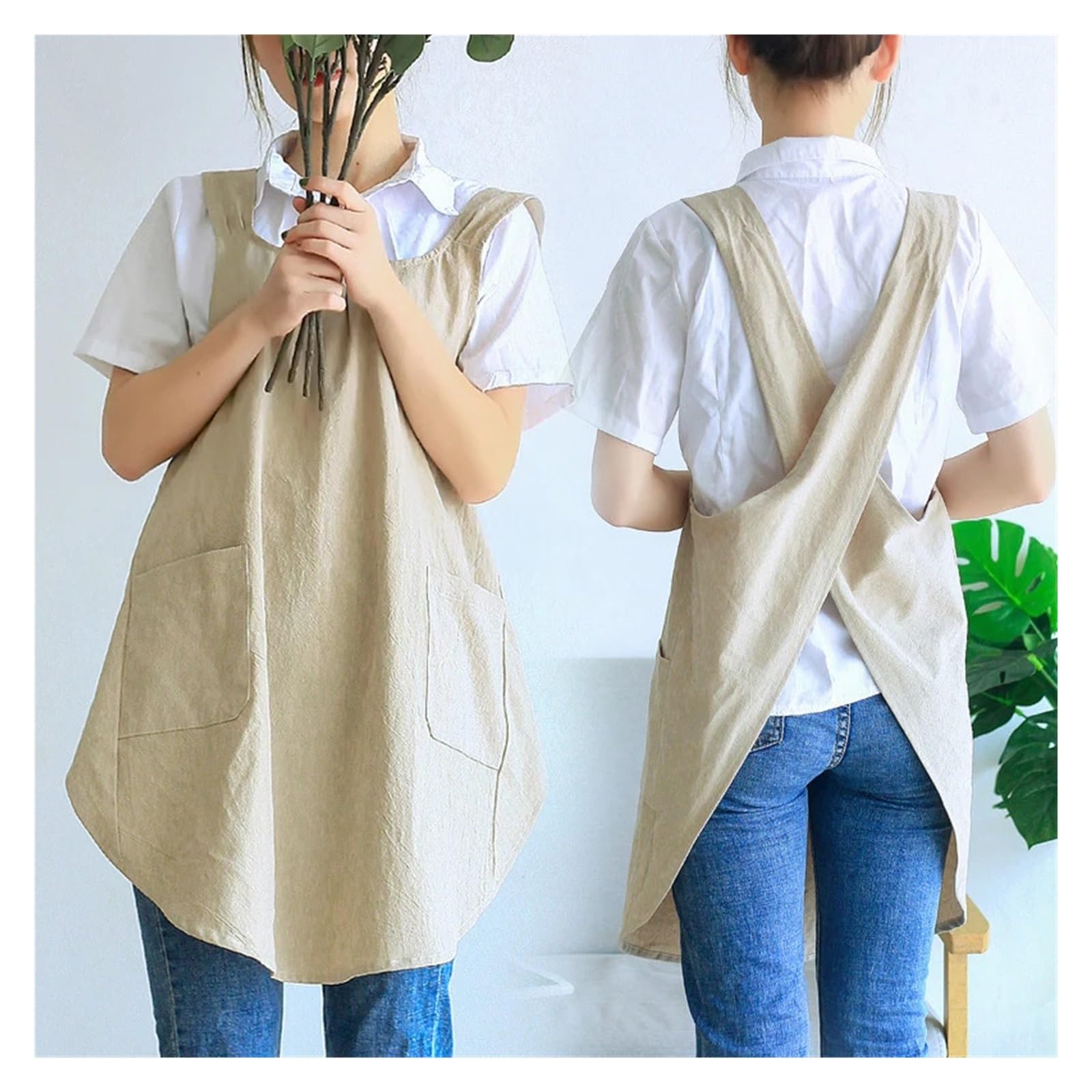 Delantales cruzados for mujer, delantal tipo blusón con bolsillos, bonito vestido de jardinería, delantales for