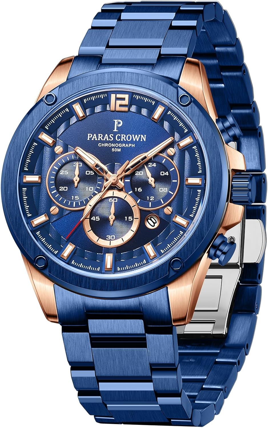Paras Crown Mens Watches Luxury Chronograph Analog Watch Japanese Quartz Movement Stainless Steel Case 5ATM Waterproof Watches for Men