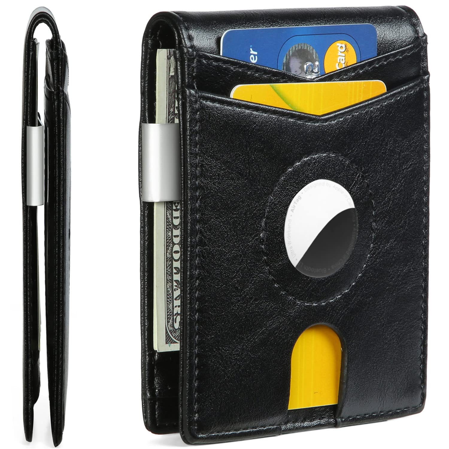 Huztencor AirTag Wallet, Mens Slim Wallet with Money Clip RFID Blocking Bifold Credit Card Holder Case for Apple Air Tag Oil Black