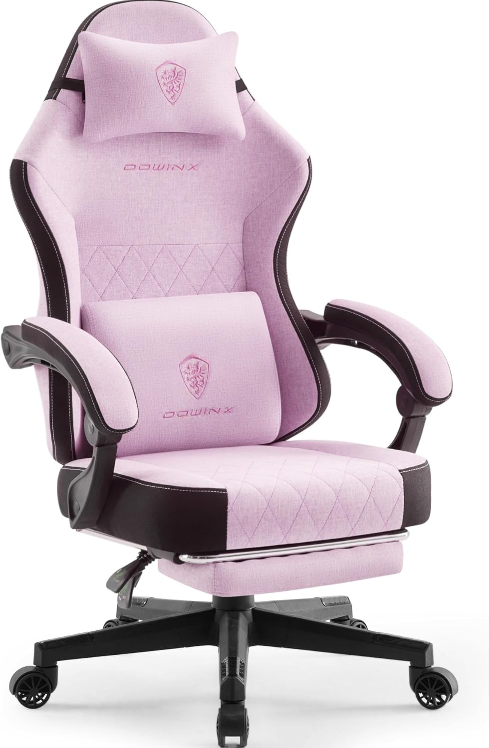 Pink Fabric Ergonomic Gaming Chair with Massage Lumbar Support and Footrest