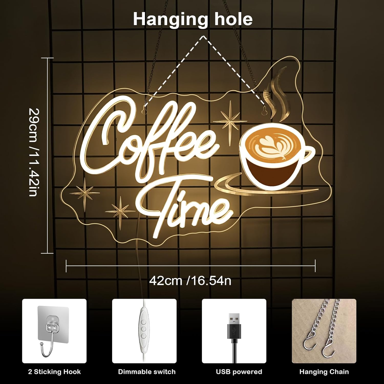 Coffee Time Neon Sign Latte Art Neon Lights Neon Bar Signs for Wall Decor LED for Cafés, Kitchens & Breakfast Bars Light Signs Retro Diner Lighting