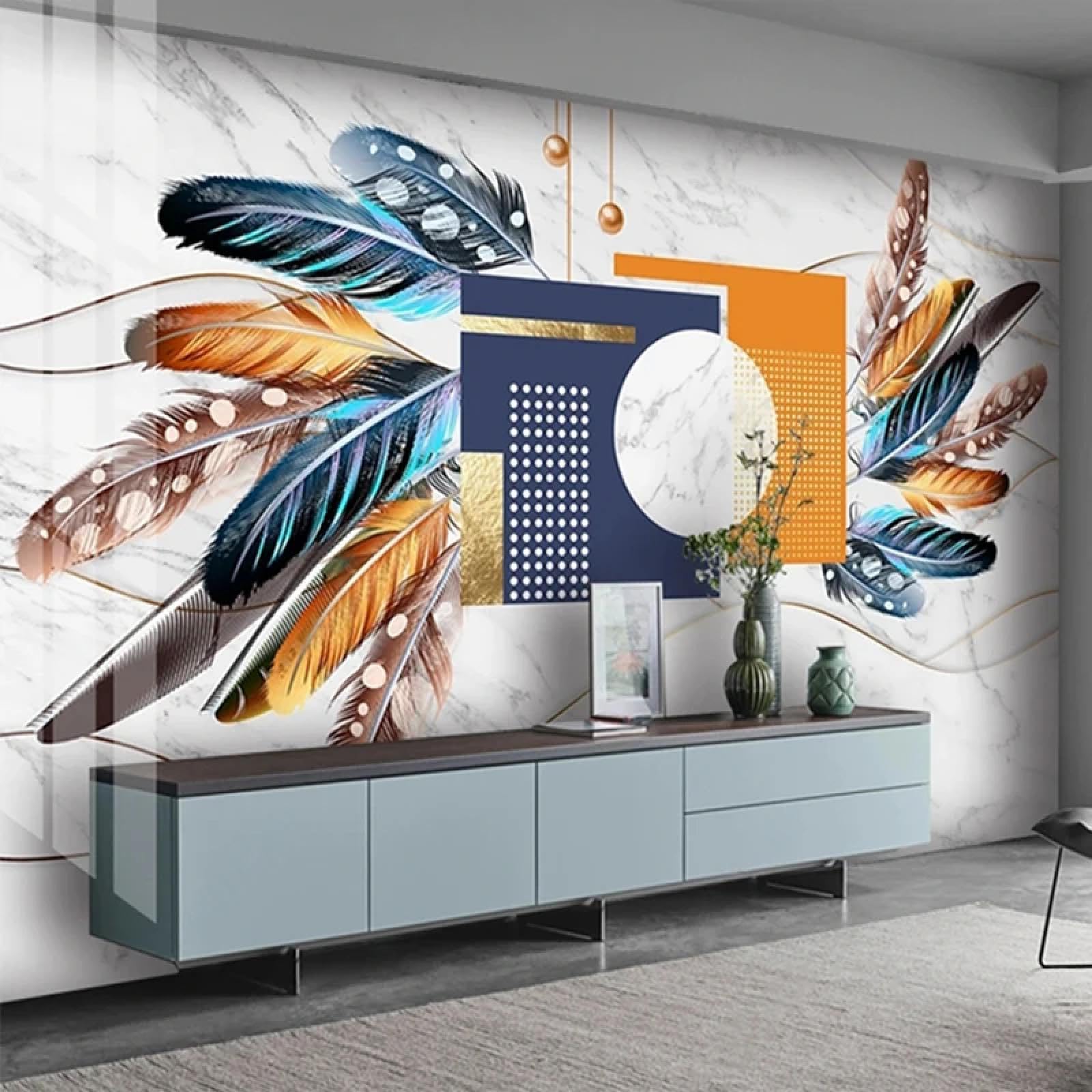 Papier peint autocollant 3D anti-imperfection motif plumes salon