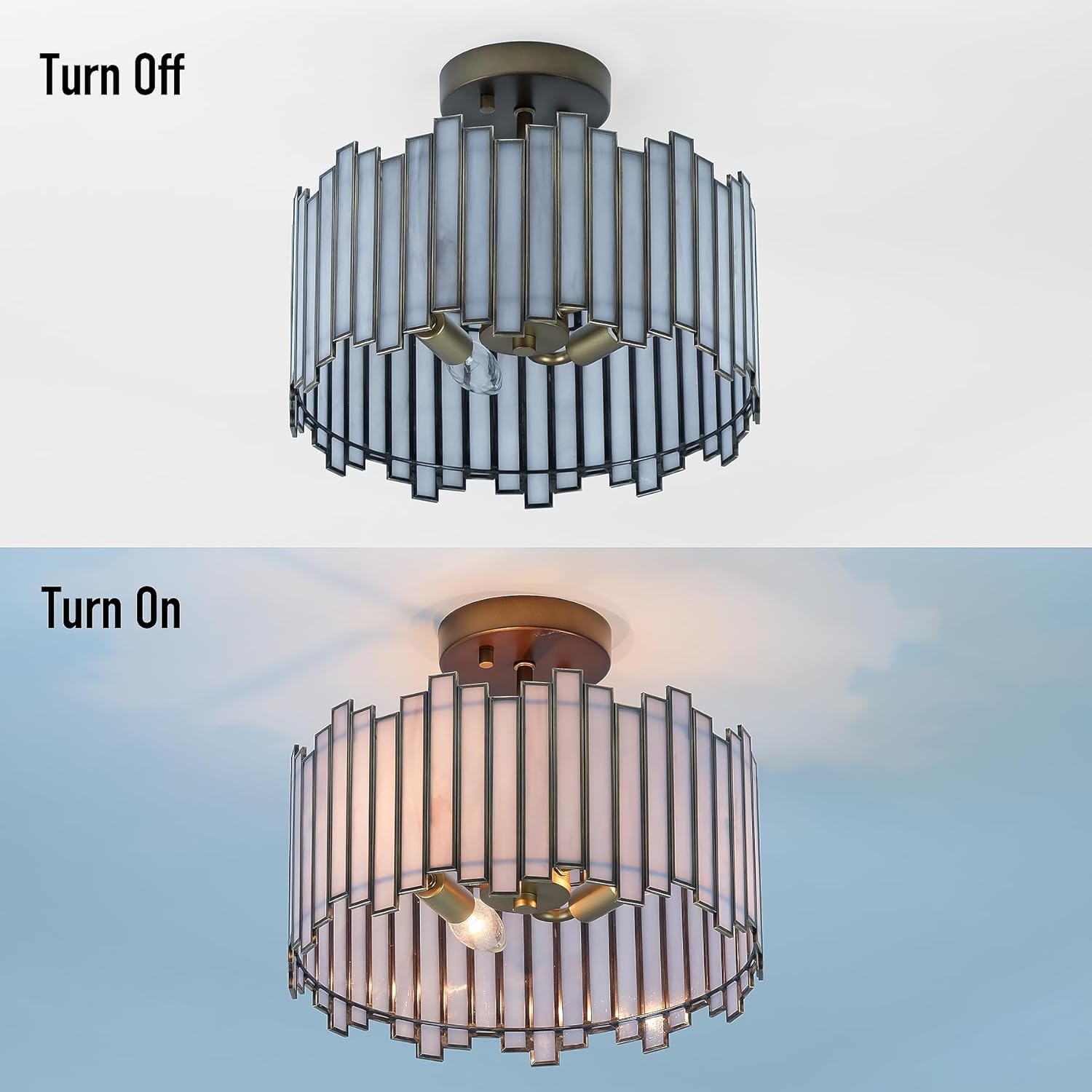 Antique Brass Ceiling Light Fixture in Drum Shape, 12.5” Modern Semi Flush Mount Tiffany Lamp with Gray Glass, 3 Light Round Ceiling Hanging Lighting for Foyer Hallway Bedroom Kitchen