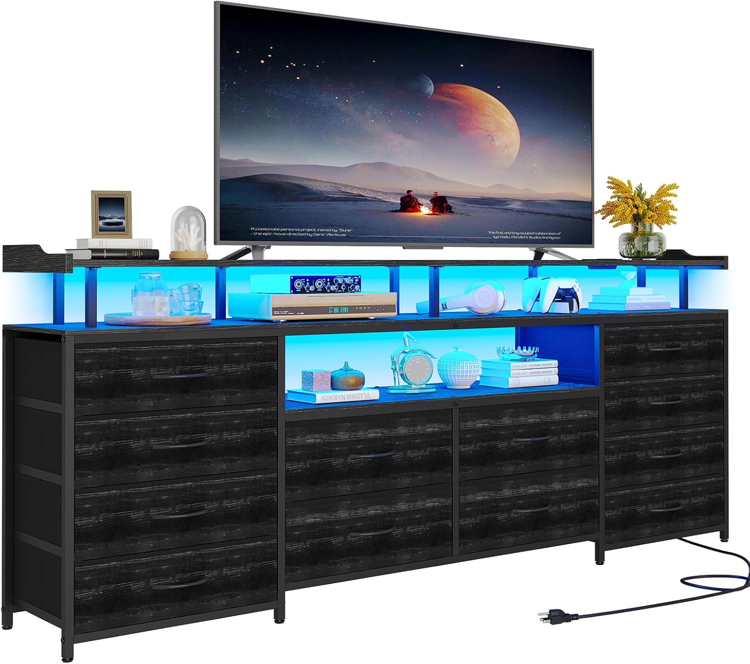 TV Stand & Dresser for 65 Inch TV, 63" W with LED Lights & Power Outlets, Black Long Dresser with 12 Fabric Drawers, Entertainment Center with Shelves, for Bedroom