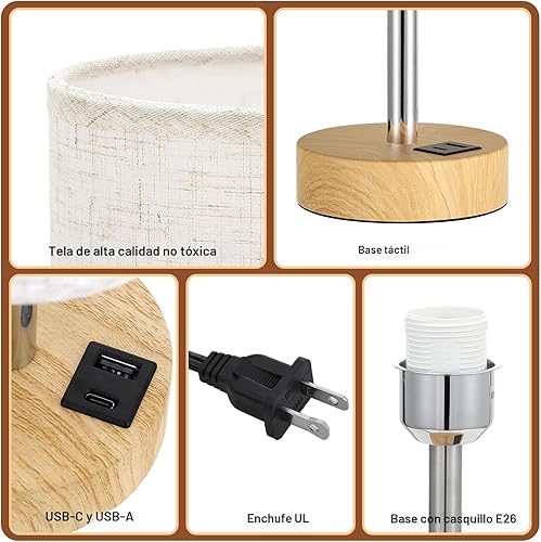 Miniatura 6 de Dicoool Lámpara táctil de mesita de noche con USB, lámpara de madera regulable de 3 vías para mesita de noche de dormitorio, lámpara de escritorio