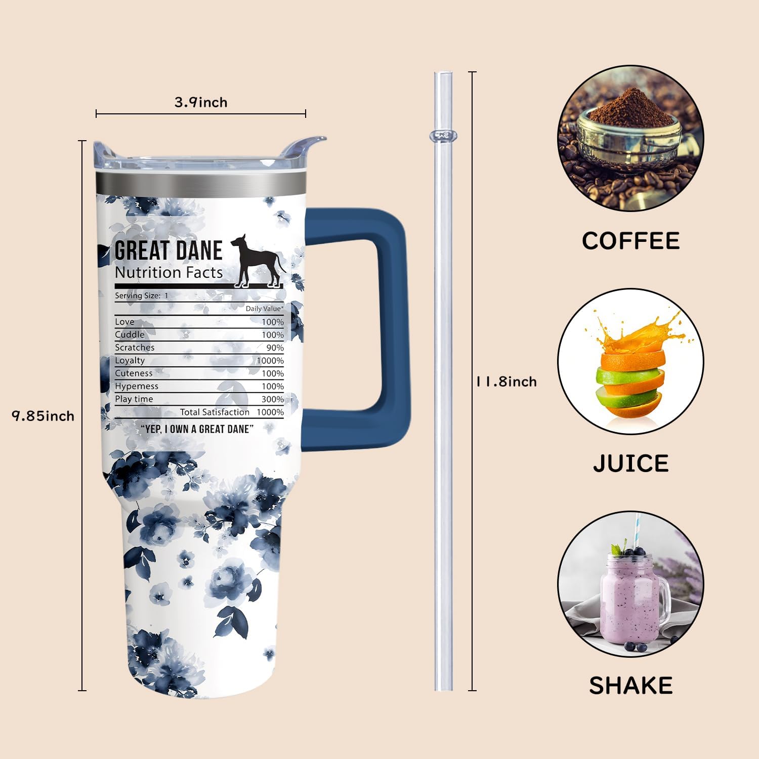 40oz Great Dane Tumbler with Handle and Straw, Cute Dog Stainless Steel Insulated Cup with Lid and Straw, Travel Coffee Mug Water Bottle, Birthday Mothers Day Gifts for Women Men Animal Lovers