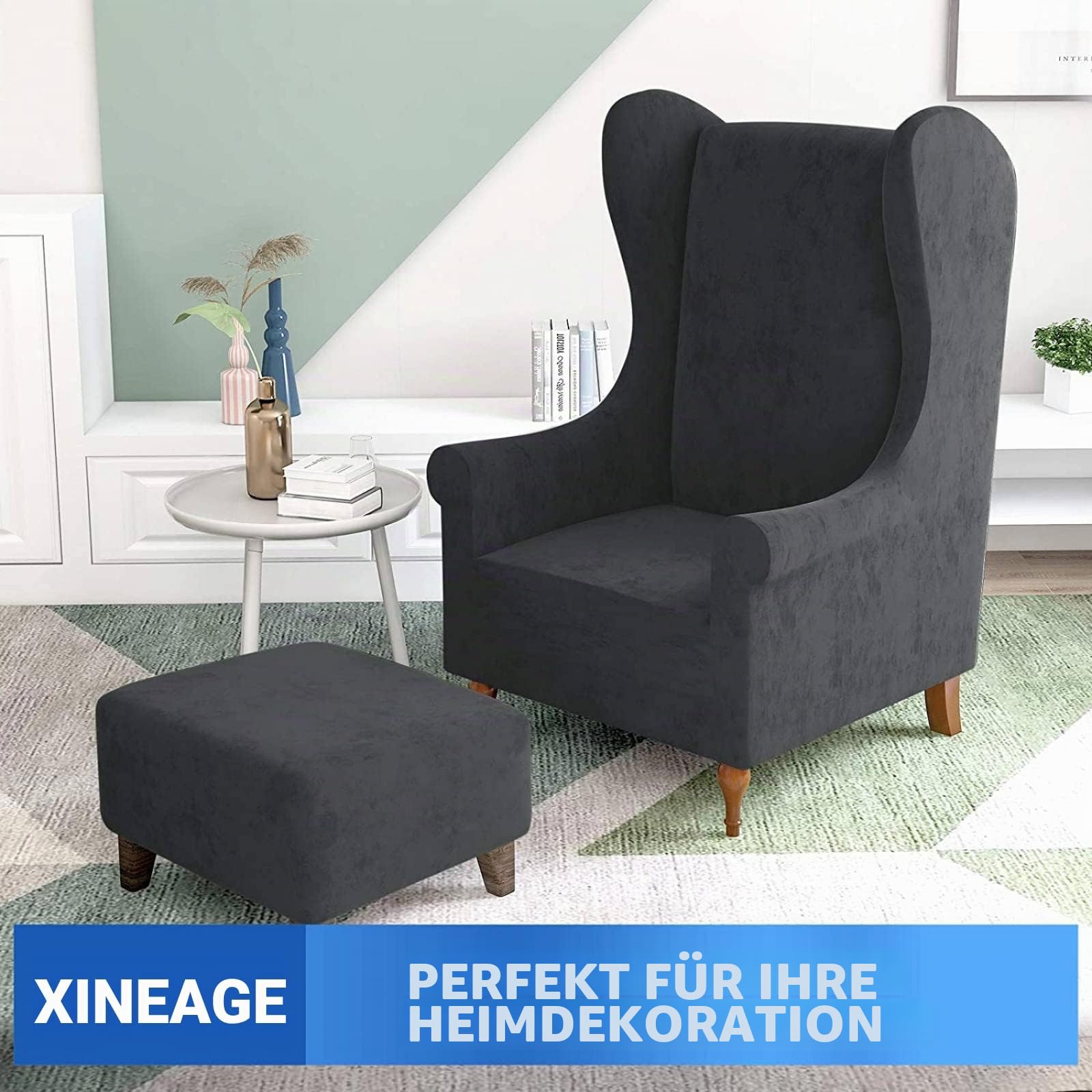 XINEAGE 1 x Samt-Bezug für Flügelrückenstuhl, dehnbar, rutschfest, Möbelschutz mit Schaumstoffstangen für Wohnzimmer (Flügelstuhl, grau)