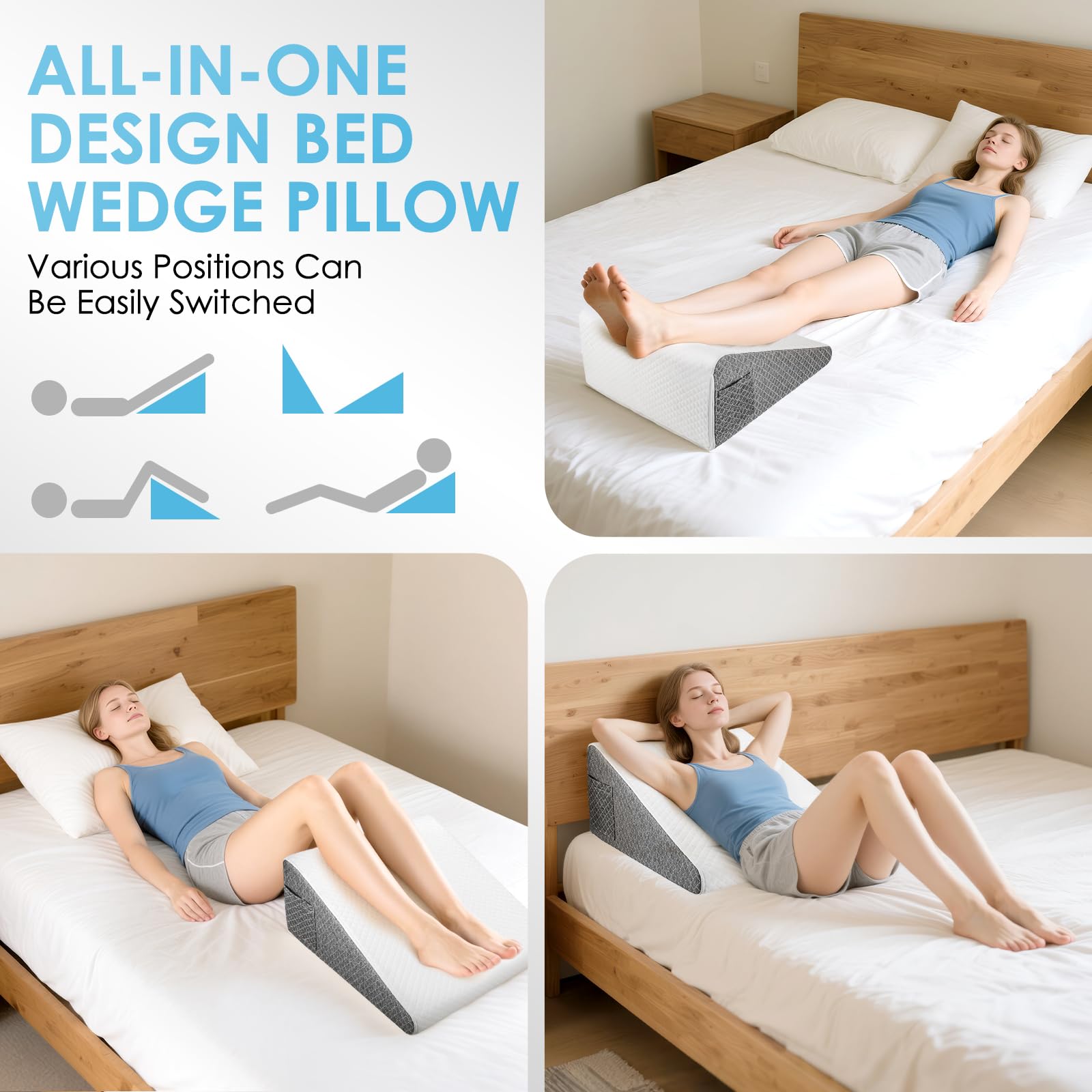Cuscino a Cuneo per Letto 2pcs, Cuscino Antireflusso Adulti, Cuscino Triangolare Regolabile, Ergonomico per Apnea Notturna, Reflusso Acido, Elevazione Gambe, Memory Foam 25D
