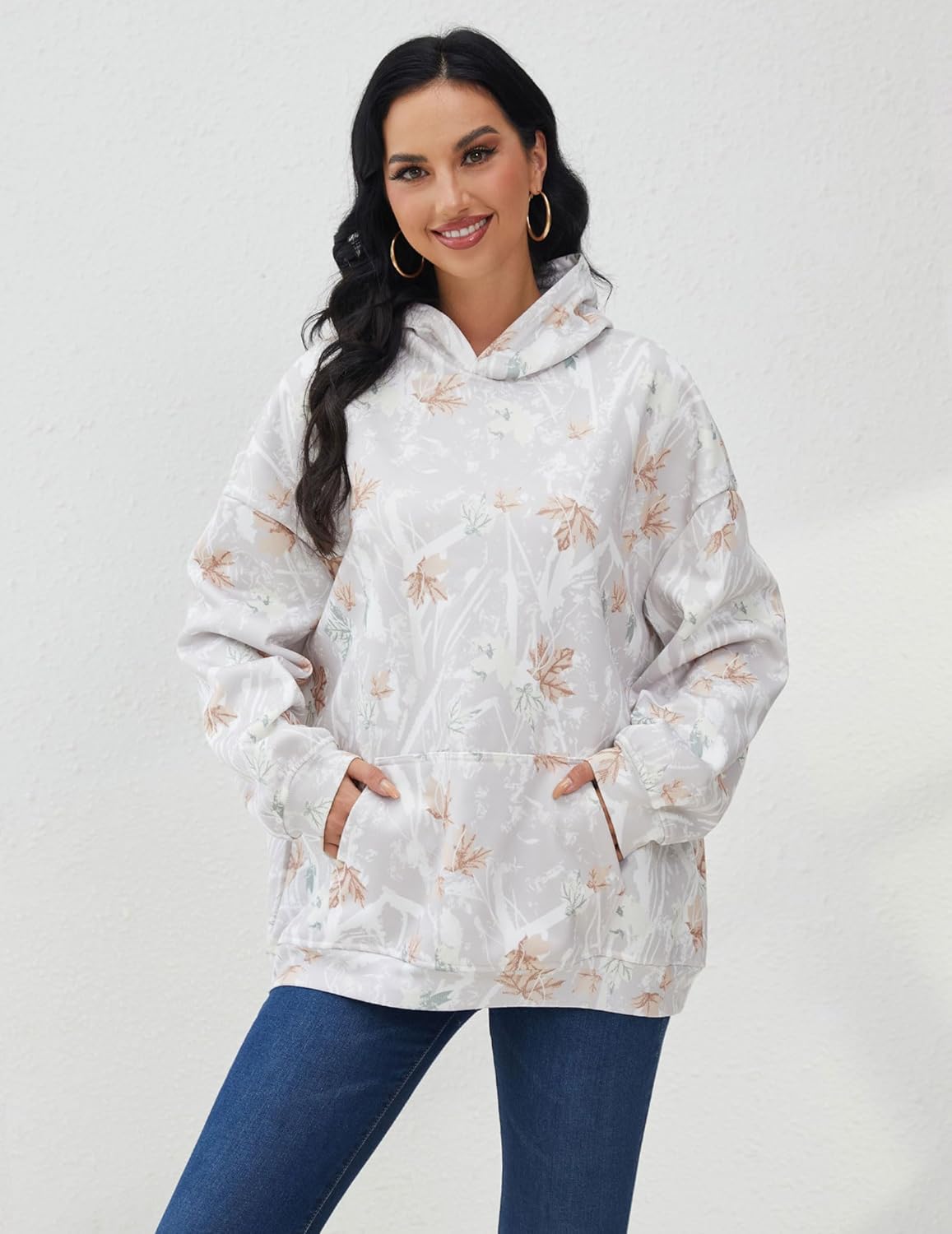 Womens Camo Hoodies Maple Leaf Print Oversized Hooded Pullover Shirt Fleece Long Sleeve Camo Sweatshirt With Pocket - Image 2