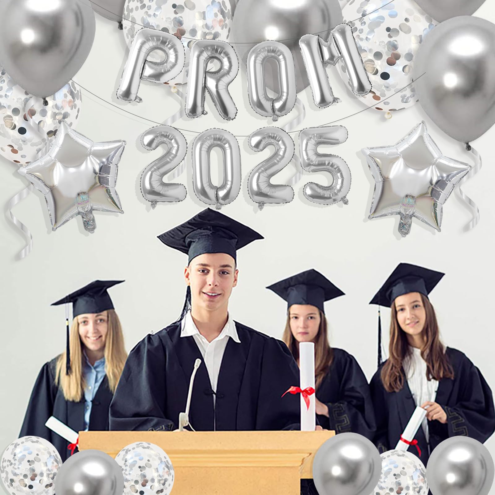 Gidobo Prom 2025 Balloons, Silver Foil Banner with 16pcs Latex Balloons for 2025 Graduations College High School Grad Party Supplies - Image 4