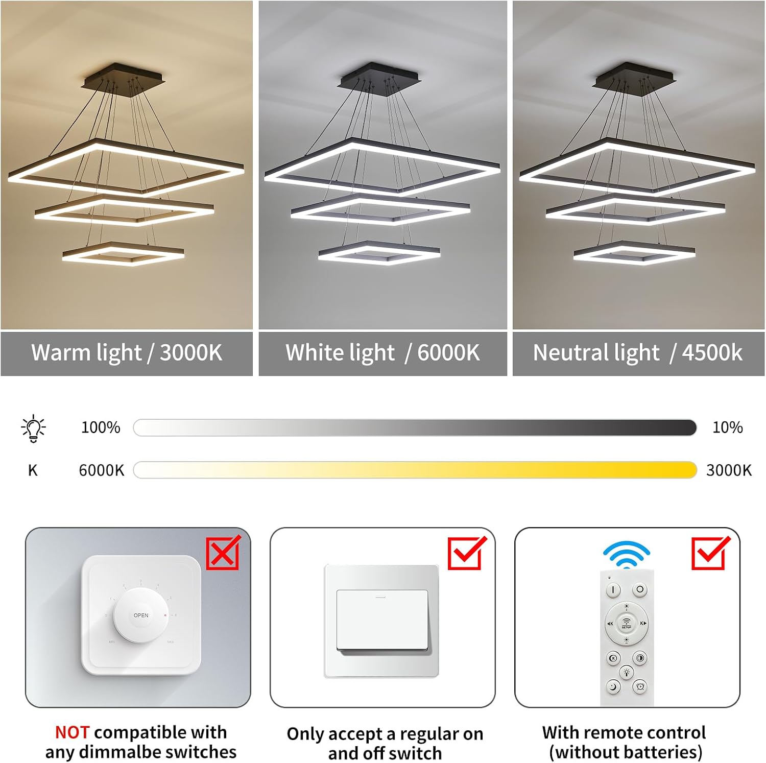 Modern LED Chandelier, Black Square Chandelier, 3 Rings Ceiling Pendant Light with Remote Control, Modern Chandelier Lighting for Bedrooms Dining Rooms