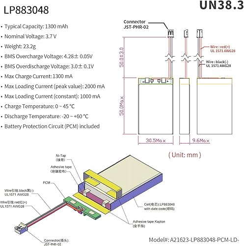 Miniatura 2 de EEMB Batería de polímero de litio 3.7V 1300mAh 883048 Lipo Batería recargable con conector JST de cable para altavoz y dispositivo inalámbrico