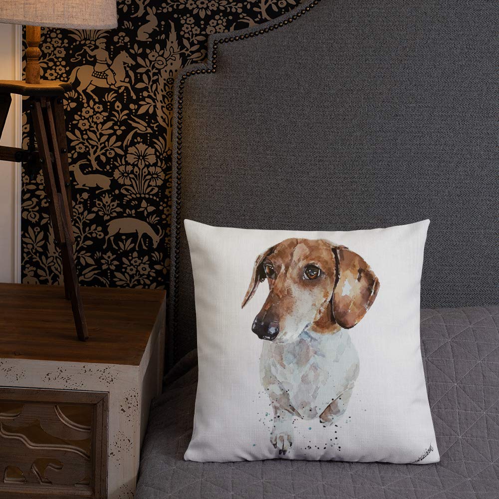 Edswatercolours Piebald Dachshund Premium Pillow - Piebald Dachshund Cushion, Piebald Dachshund Home Decor,Piebald Doxie Cushion