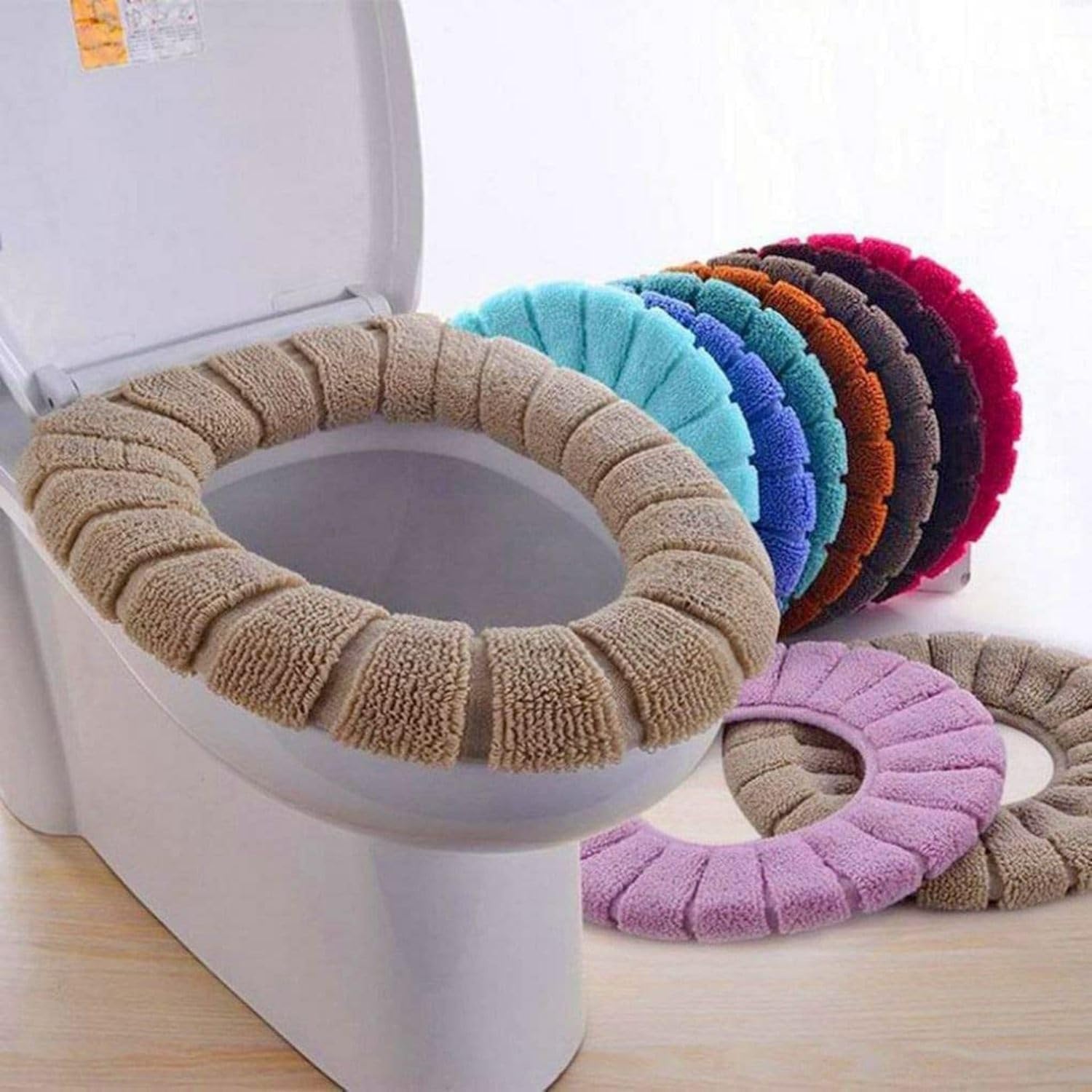 HEVIR Washable Soft Warmer Toilet Seat Cover – Stretchable, Easy Installation, Thicker Cloth Cushion Mat & Lid Cover Pads – Multicolor Bathroom Set