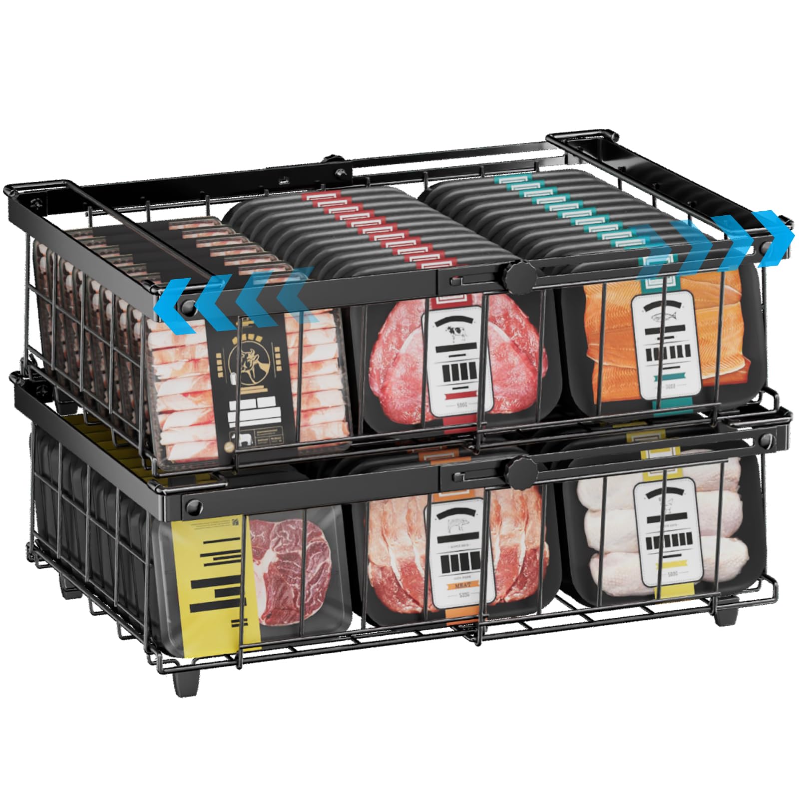 Gefrierkörbe für Gefriertruhe, 2er Set Erweiterbare Stapelbare Gefrierschrank Organizer für 140L-570L Gefriertruhen, Metall Aufbewahrungskorb Drahtkörbe mit Griffen, für Küche Büro