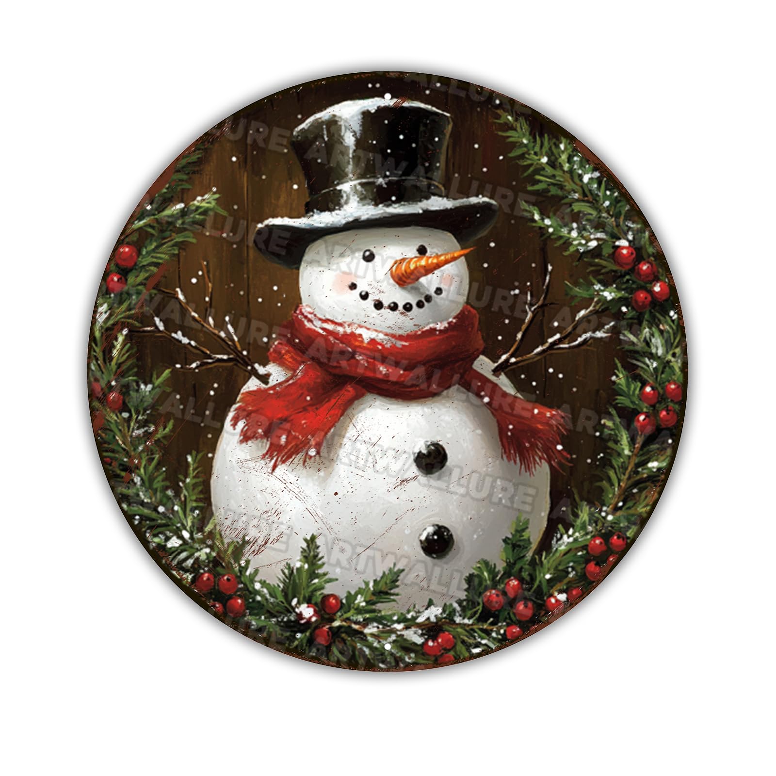 Vintage Snowman Wreath Sign - Christmas Round Aluminum Decor for Front Door, Porch and Indoor Holiday Displays 8x8Inch