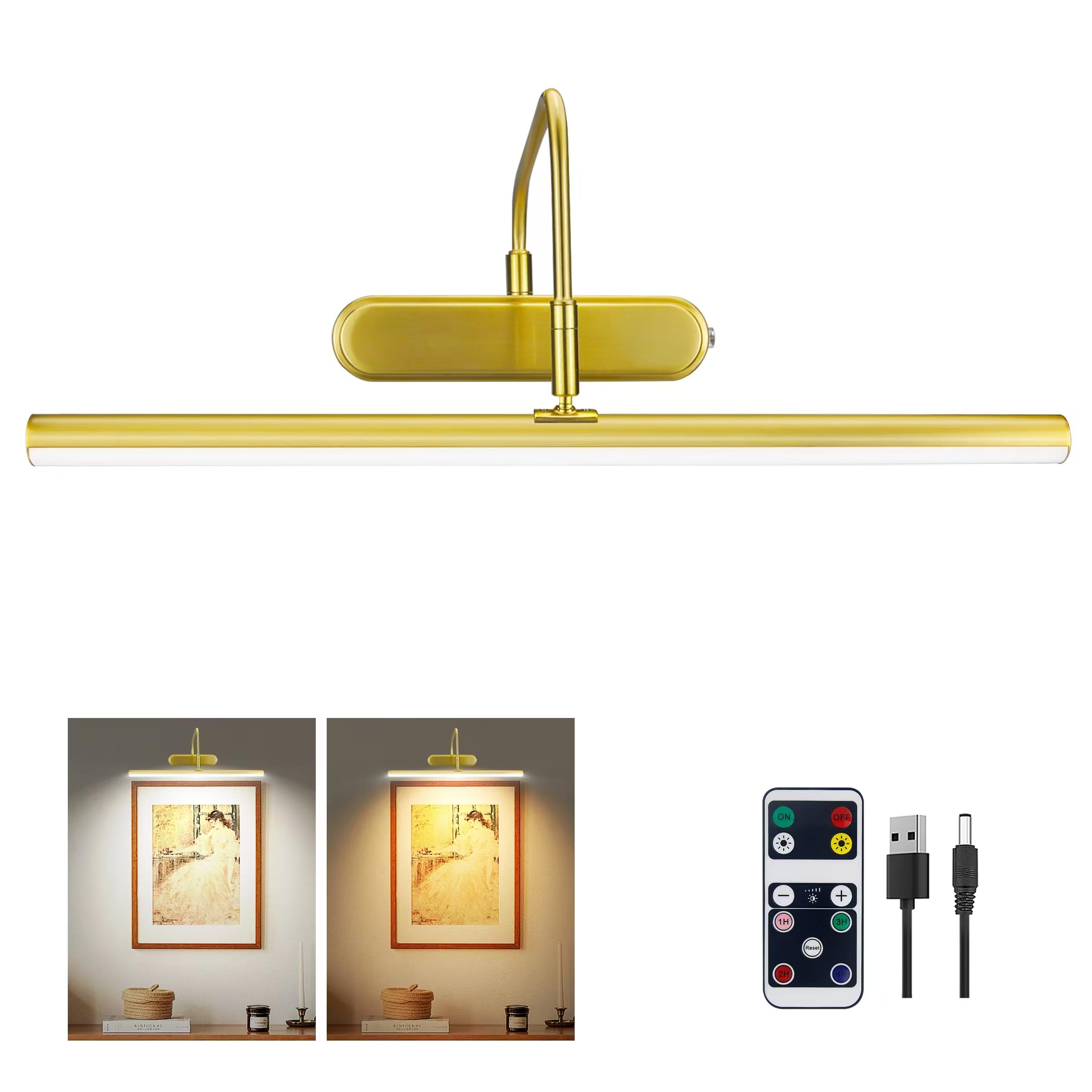 RAIFOOLLY Picture Light,Wireless Art Lights for Paintings,15.9" Battery Operated Wall Lights,Remote Accent Lighting with Timer and Dimmable for Frame,Portrait,Dartboard-Brass