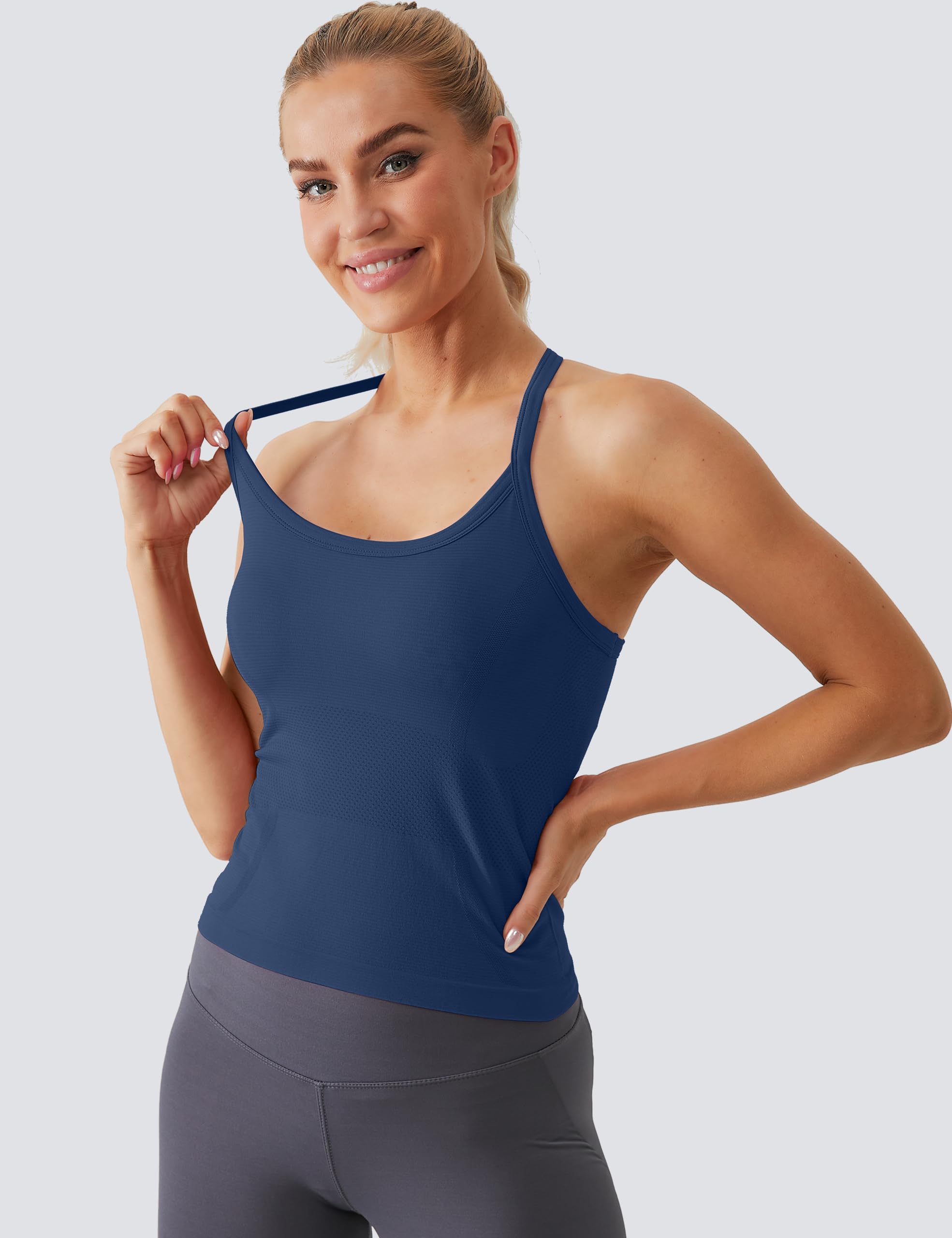 MathCat Camisetas sin mangas de entrenamiento para mujer con brasier integrado, camisetas sin mangas para gimnasio, sin costuras, espalda cruzada, atlética, yoga, paquete de 2 unidades