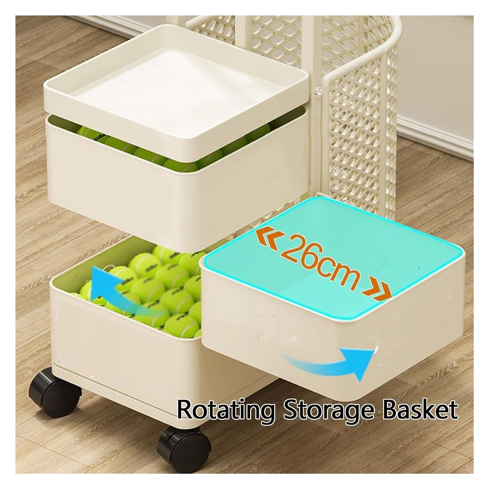 Rastrelliera for Racchette da Tennis, Espositore mobile for racchette da badminton, cestino for palline rimovibile, for basket e badminton