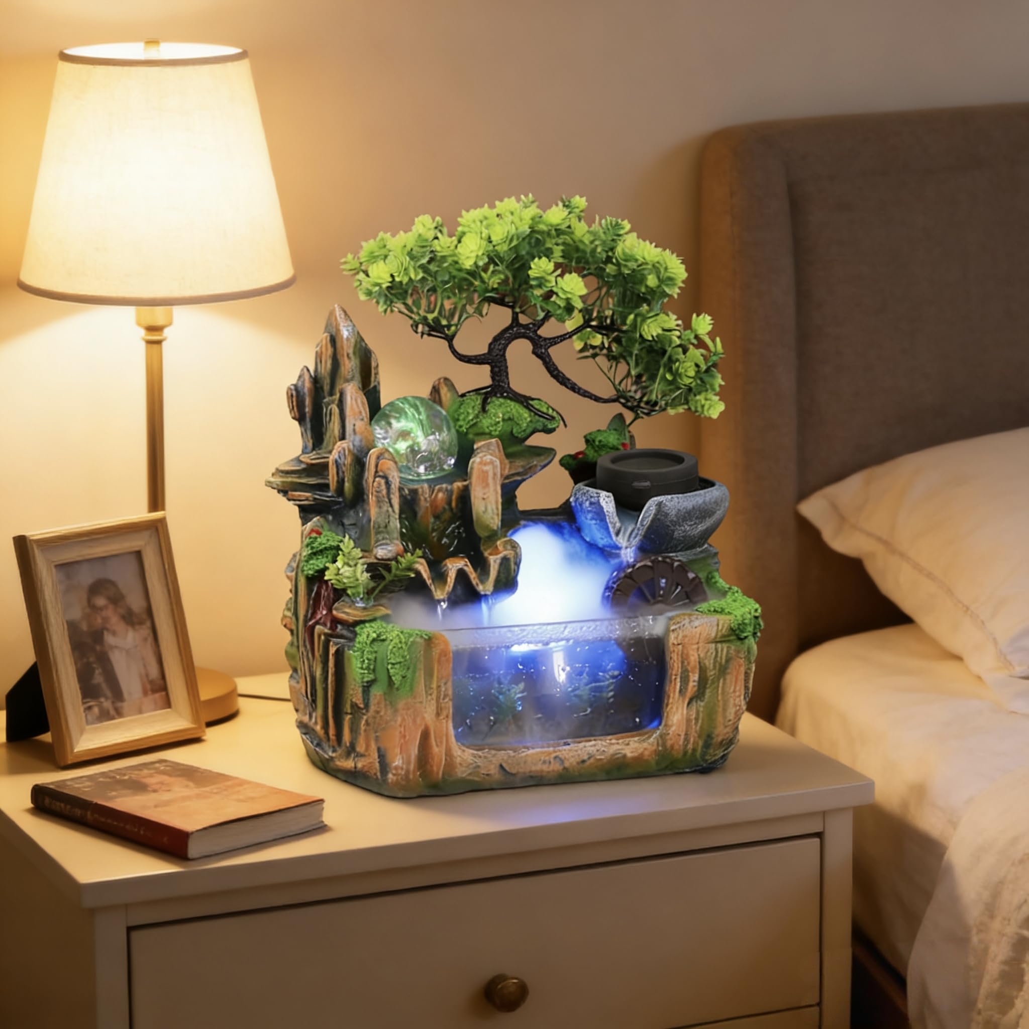 10Inch Bonsai Tree Rock ​Water Fountains Indoor Tabletop Waterfall Humidifier with LED Light and Atomizer Mist, Desktop Decoration Fake Plants Mini Fish Tank Feng Shui Decor Festival Birthday surprise