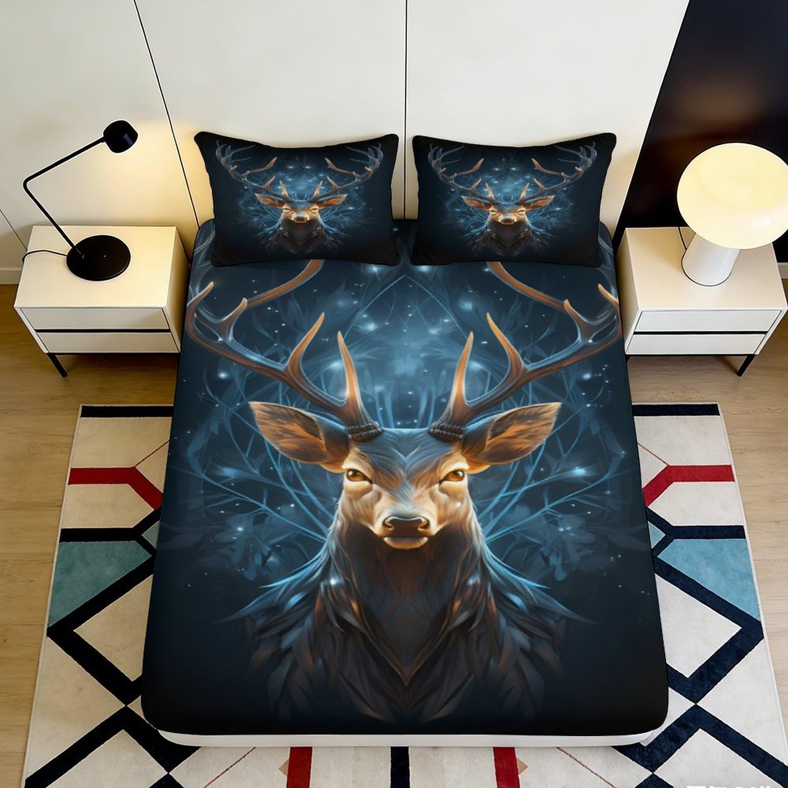 3D Printed Stag Forest Fitted Sheet Microfiber Soft Anti-Slip Mattress Cover for Bedroom Dorm Decor 120x200cm 140x200x25cm