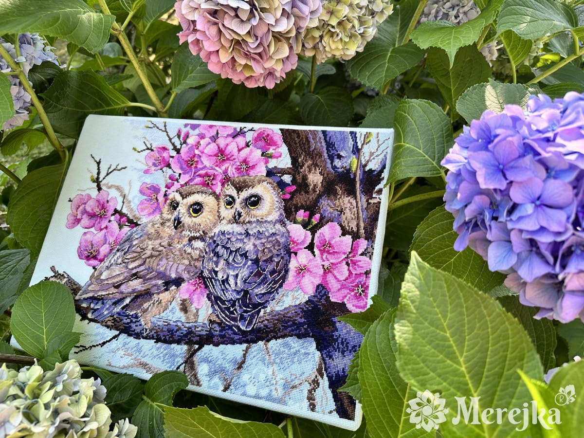 Merejka Kit Ricami Punto Croce da Ricamare, Motivo: Due Gufi in Fiore Primaverile