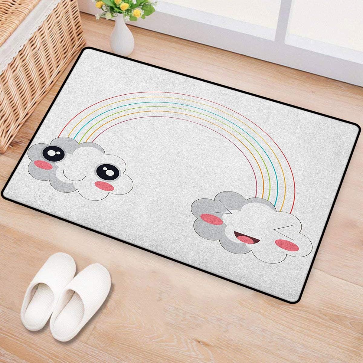 Anime,Bath Mats Carpet,Two Clouds and a Rainbow Happy Face