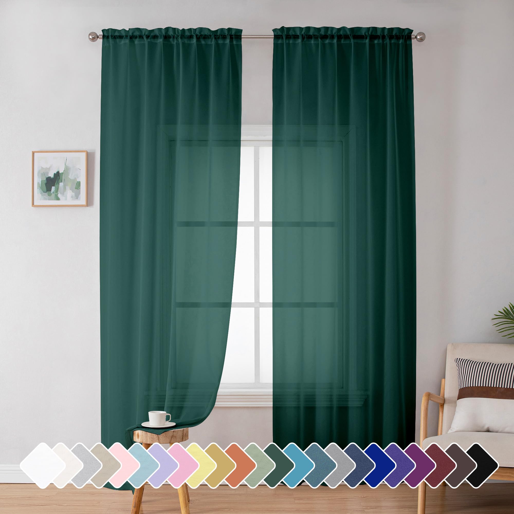 Simplebrand Hunter Green Sheer Curtains 72 Inches Long 2 Panels for Bedroom