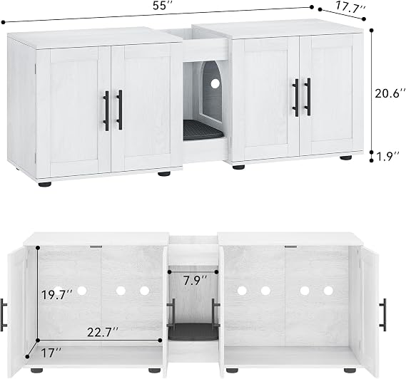 Dual Room Wooden Cat Litter Box Enclosure for 2 Cats - Hidden Cat Washroom Cabinet with Scratching Mat, Storage Cabinet, Waterproof & Easy-Clean Surface, 55